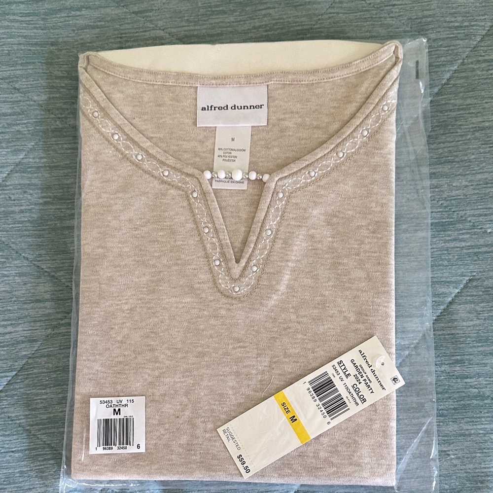Alfred Dunner Light Beige Top with Pearl Details